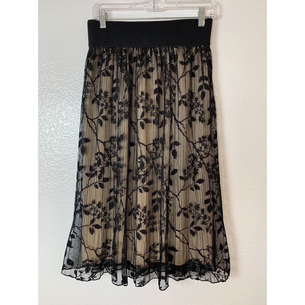 Metrowear Lace Midi Skirt Women M Black Tan Floral Mesh Cottagecore WhimsiGoth